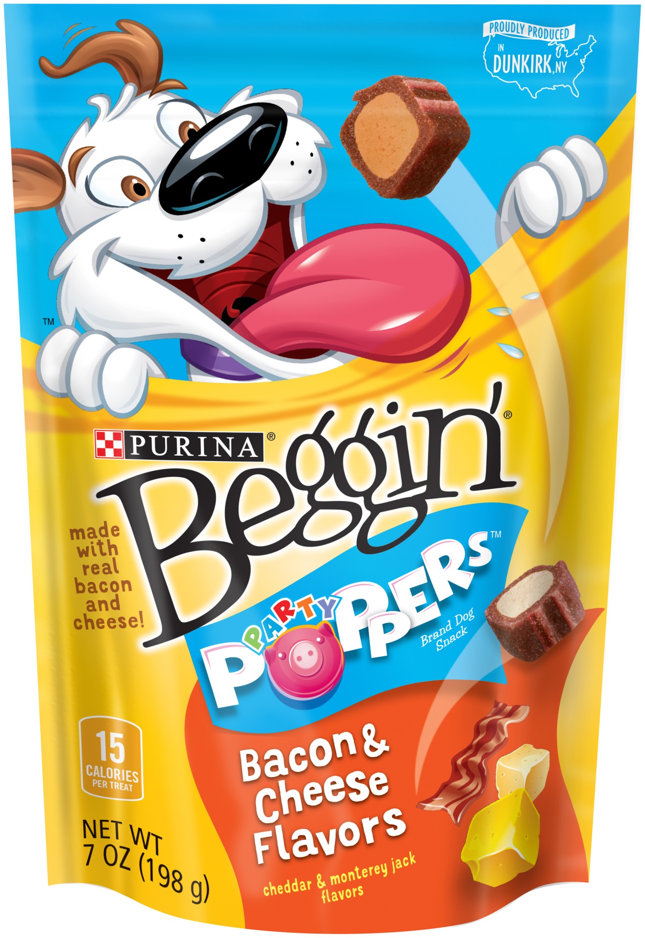 slide 1 of 1, Purina Beggin' Party Poppers Bacon & Cheese Flavors Dog Snacks, 7 oz