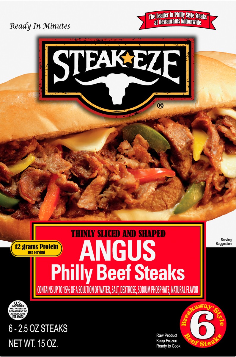 slide 3 of 8, Steak-EZE Thinly Sliced Angus Beef Philly Steak Strips, 6 Count (Frozen), 425.24 g