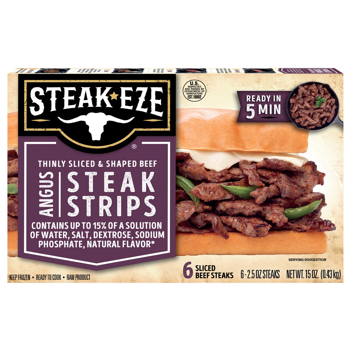 slide 1 of 8, Steak-EZE Thinly Sliced Angus Beef Philly Steak Strips, 6 Count (Frozen), 425.24 g