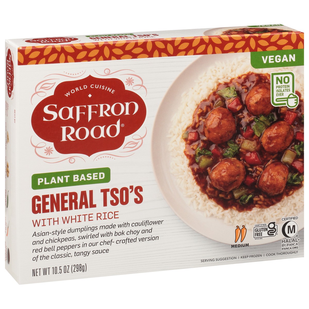 slide 11 of 13, Saffron Road Plant Based General Tso's Vegan White Rice Frozen Dinner, 10.5 oz