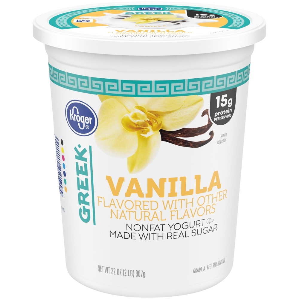 slide 1 of 1, Kroger Blended Nonfat No Sugar Added Greek Vanilla Yogurt, 32 oz