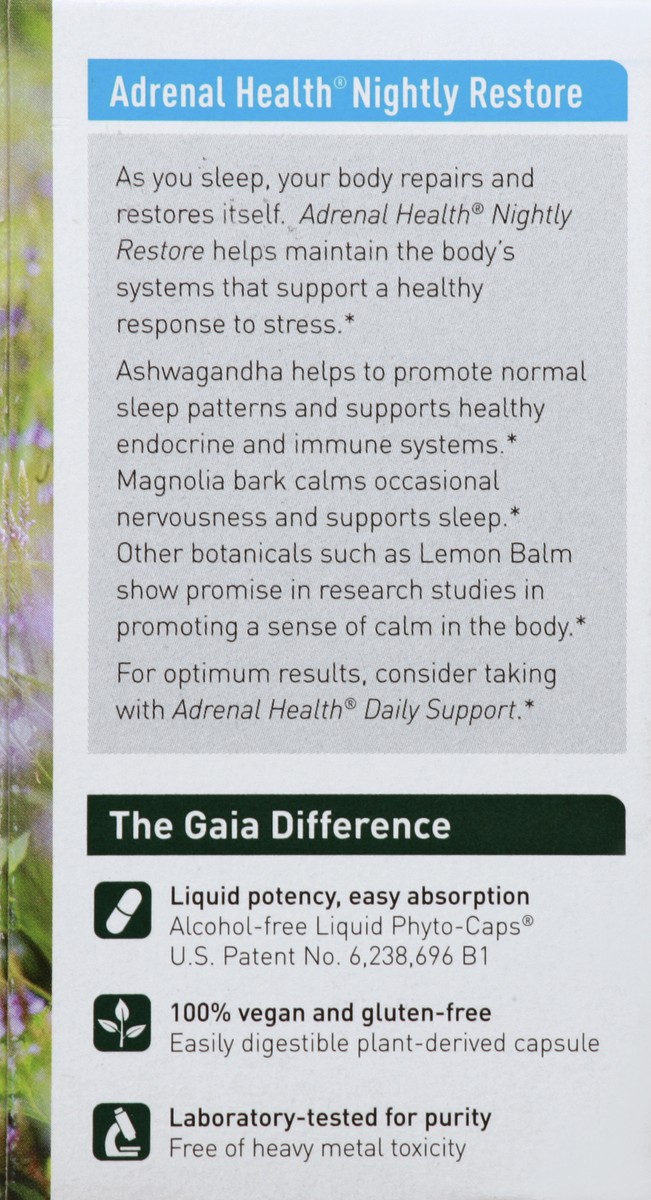 slide 12 of 13, Gaia Herbs Nightly Restore Stress Support Adrenal Health 60 Vegan Liquid Phyto-Caps, 60 ct