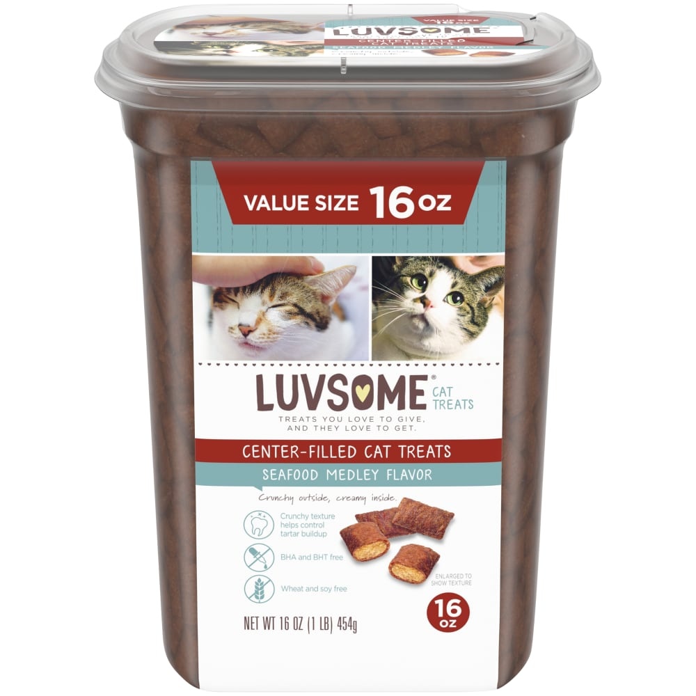 slide 1 of 1, Luvsome Center Filled Seafood Medley Flavored Cat Treats, 16 oz