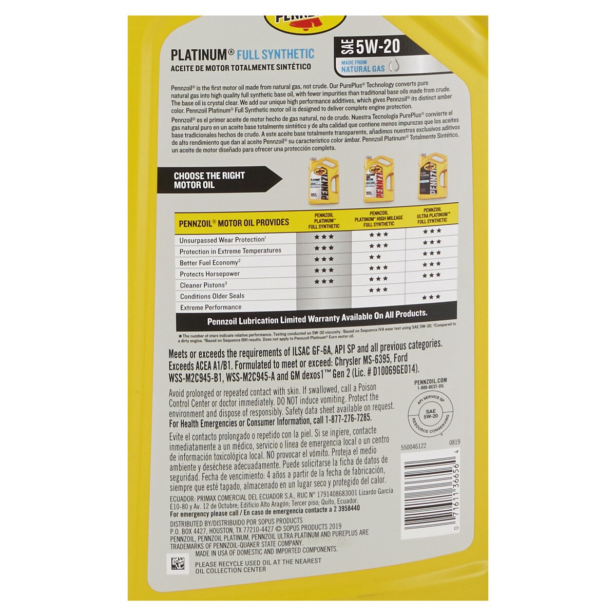 slide 2 of 2, Pennzoil Platinum Full Synthetic SAE 5W-20 Motor Oil, 5 qt