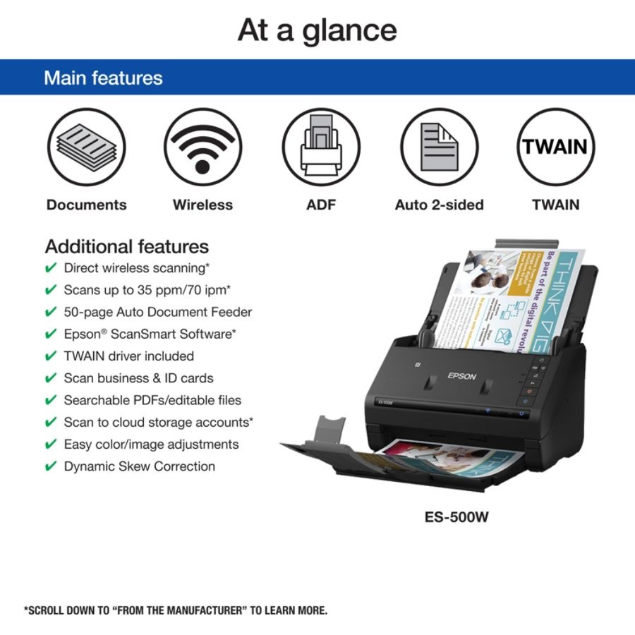 slide 8 of 9, Epson Workforce Es-500W Wireless Color Duplex Document Scanner, 1 ct