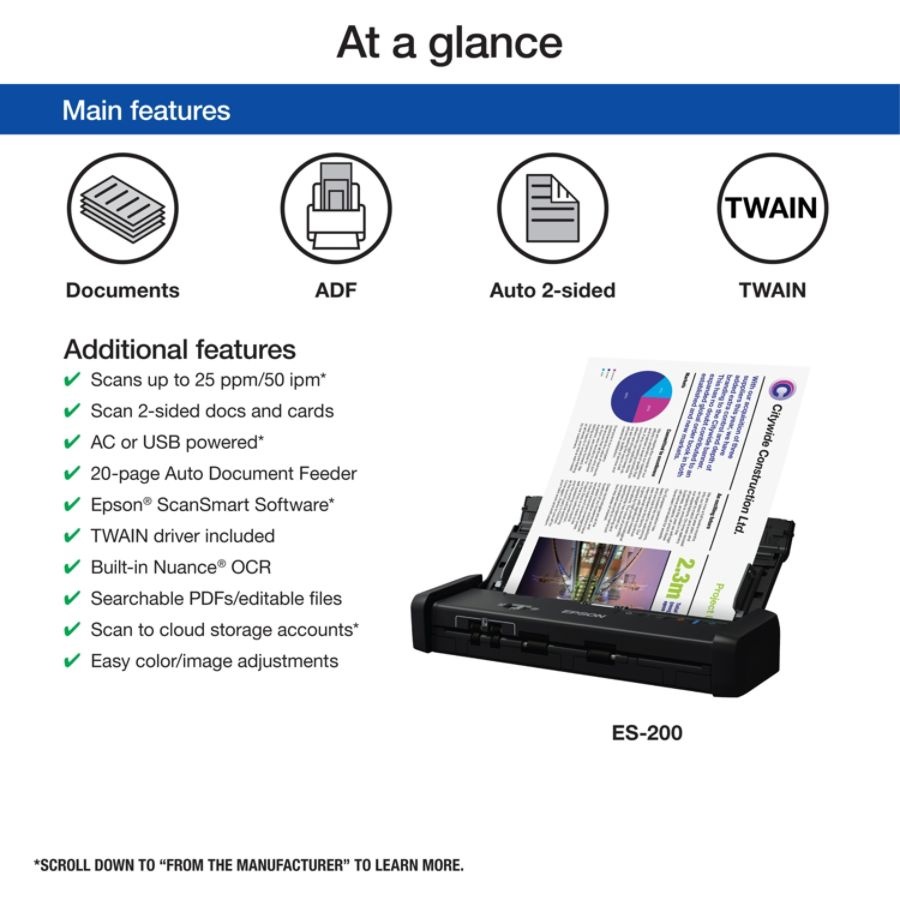 slide 3 of 10, Epson Workforce Es-200 Portable Duplex Document Scanner With Adf, 1 ct