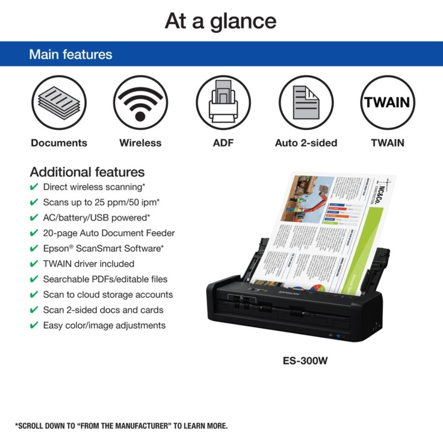 slide 6 of 10, Epson Workforce Es-300W Wireless Portable Duplex Document Scanner With Adf, 1 ct