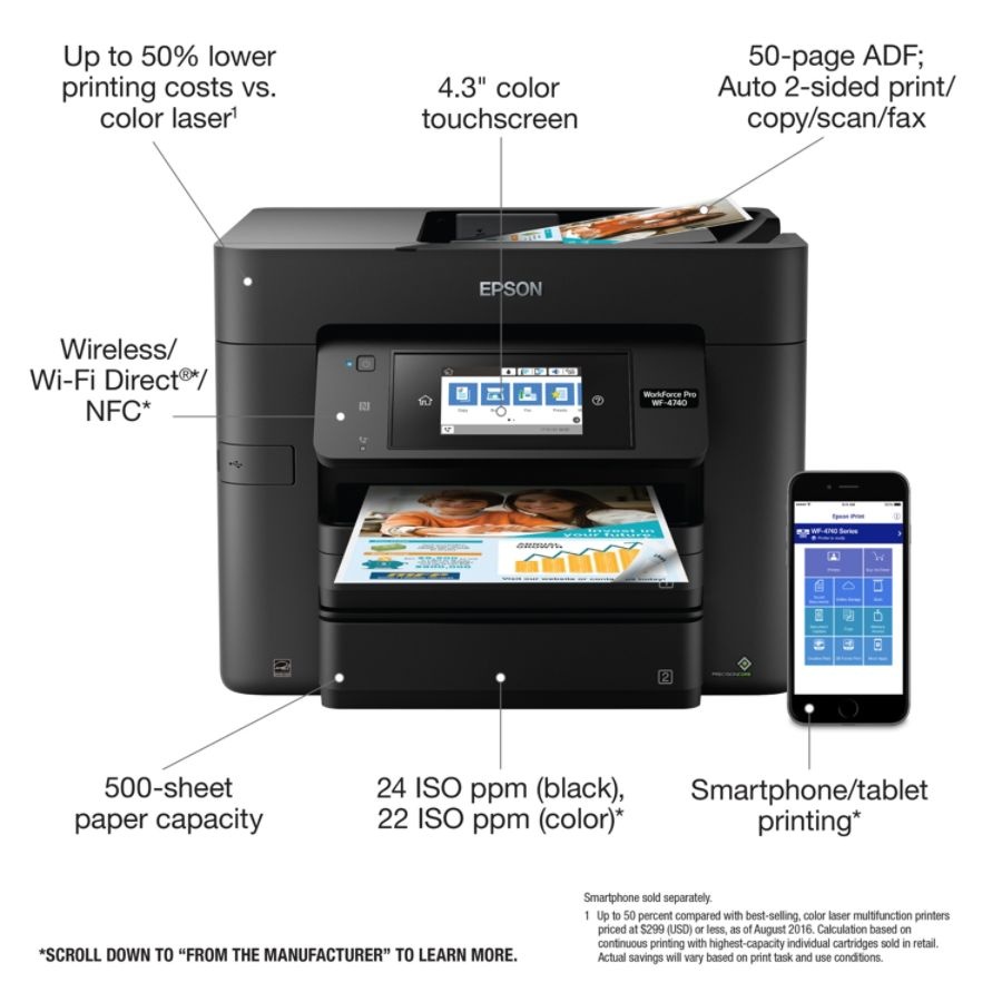 slide 6 of 10, Epson Workforce Pro Wf-4740 Wireless All-In-One Printer, Copier, Scanner, Fax, 1 ct