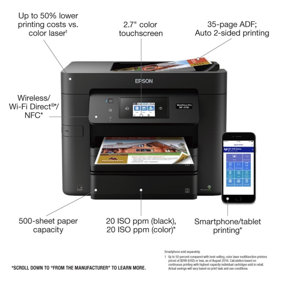 slide 2 of 10, Epson Workforce Pro Wf-4730 Wireless All-In-One Printer, Copier, Scanner, Fax, 1 ct