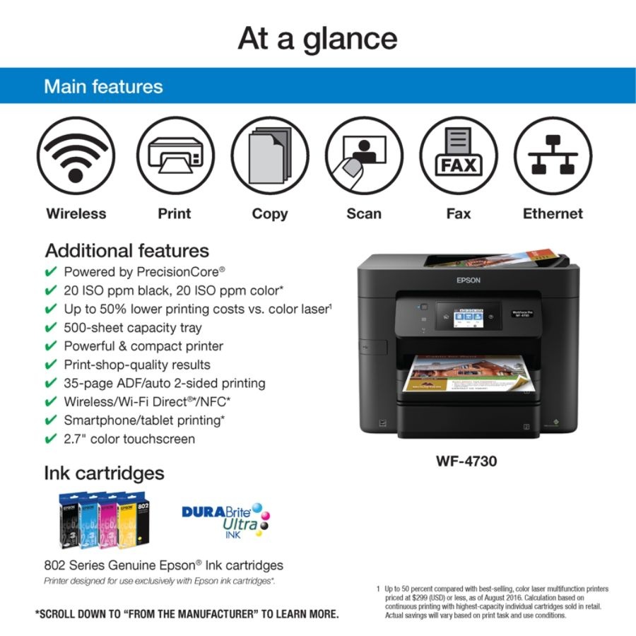 slide 10 of 10, Epson Workforce Pro Wf-4730 Wireless All-In-One Printer, Copier, Scanner, Fax, 1 ct