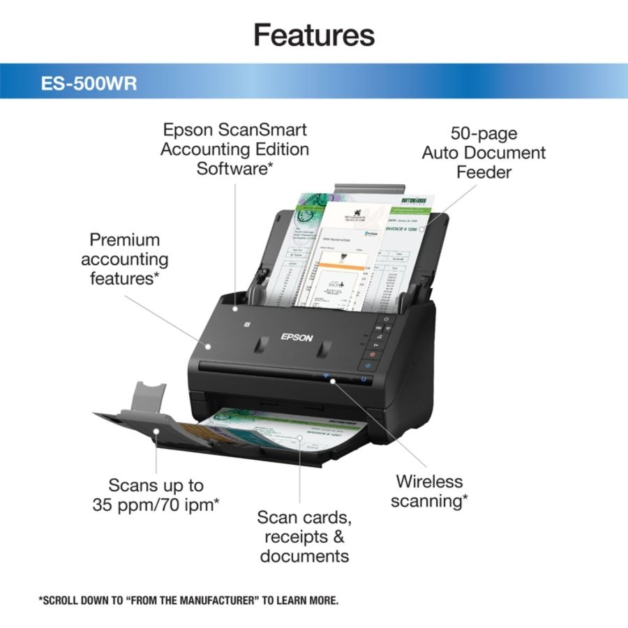 slide 5 of 10, Epson Workforce Es-500Wr Wireless Color Document Scanner: Accounting Edition, 1 ct