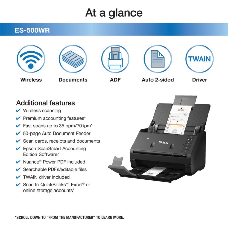 slide 7 of 10, Epson Workforce Es-500Wr Wireless Color Document Scanner: Accounting Edition, 1 ct