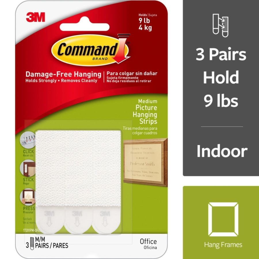 slide 2 of 10, 3M Command Damage-Free Picture-Hanging Strips, Medium, 2-3/4'' X 3/4'', White, Pack Of 3 Pairs Of Strips, 3 ct