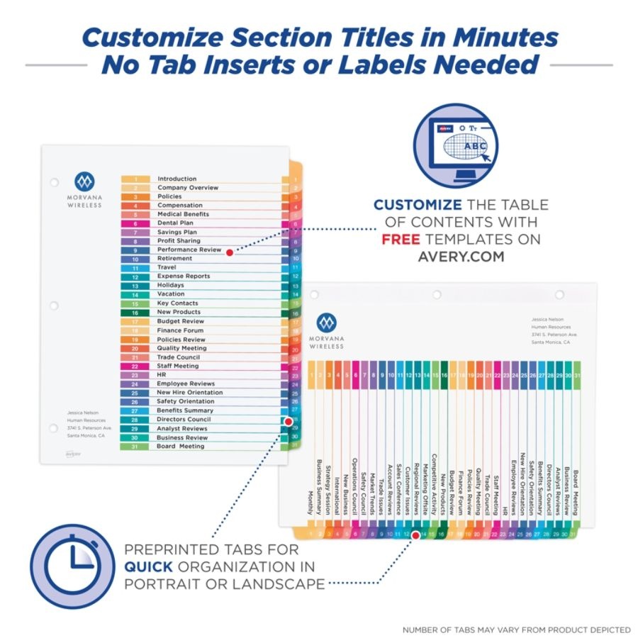 slide 2 of 7, Avery Ready Index 20% Recycled Table Of Contents Dividers, 1-31 Tab, Multicolor, 1 ct