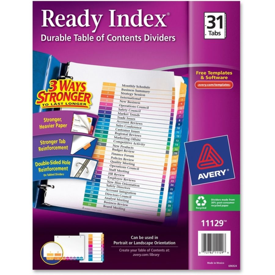 slide 3 of 7, Avery Ready Index 20% Recycled Table Of Contents Dividers, 1-31 Tab, Multicolor, 1 ct