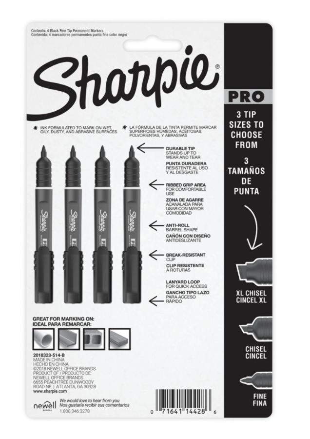 slide 6 of 6, Sharpie Pro Permanent Markers, Fine Point, Black/Gray Barrel, Black Ink, Pack Of 4, 4 ct