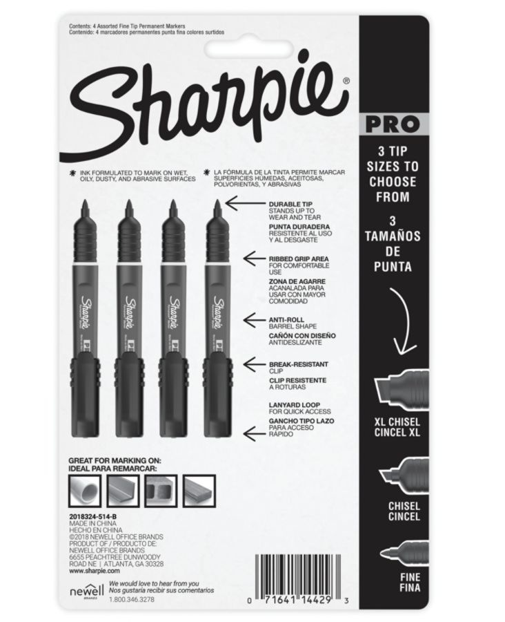 slide 6 of 6, Sharpie Pro Permanent Markers, Fine Point, Black/Gray Barrel, Assorted Ink Colors, Pack Of 4, 4 ct