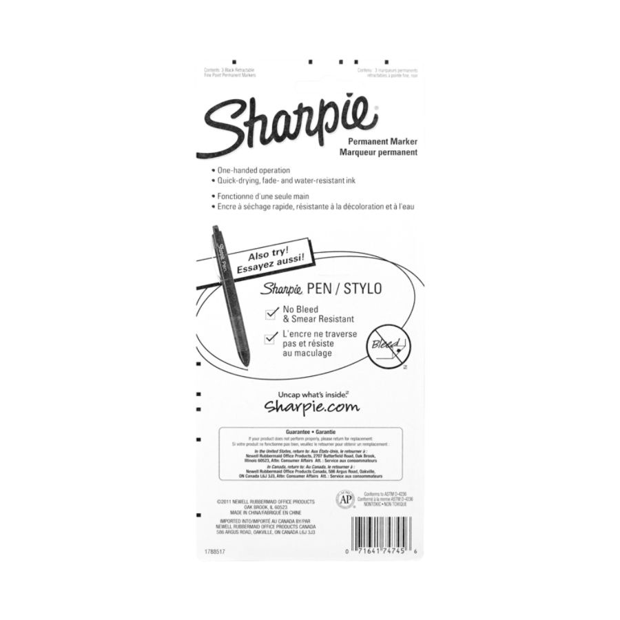 slide 5 of 5, Sharpie Retractable Permanent Markers, Fine Point, Black, Pack Of 3 Markers, 3 ct