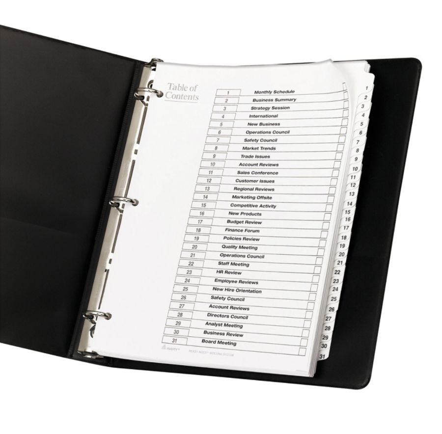 slide 2 of 7, Avery Ready Index 20% Recycled Table Of Contents Dividers, 1-31 Tab, Black/White, 1 ct