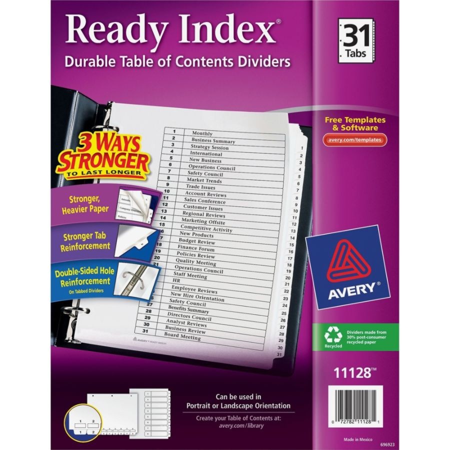 slide 4 of 7, Avery Ready Index 20% Recycled Table Of Contents Dividers, 1-31 Tab, Black/White, 1 ct