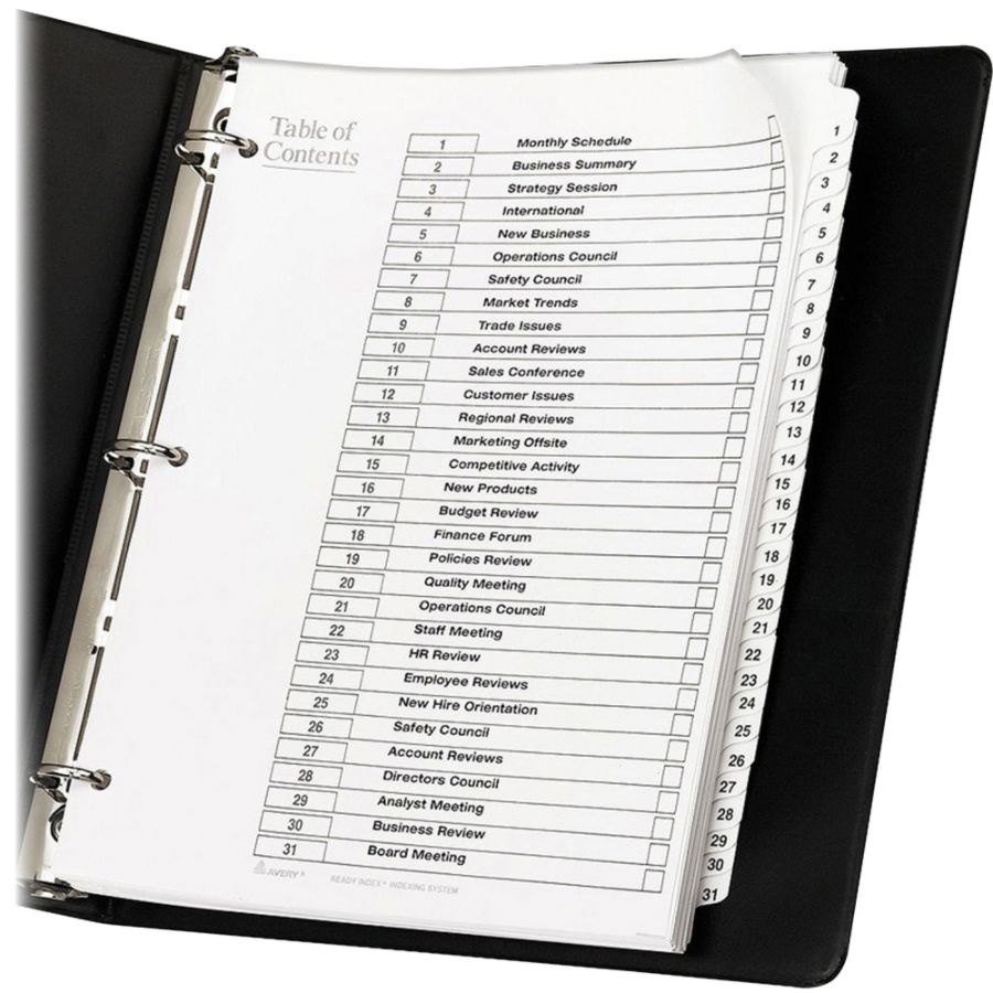 slide 5 of 7, Avery Ready Index 20% Recycled Table Of Contents Dividers, 1-31 Tab, Black/White, 1 ct