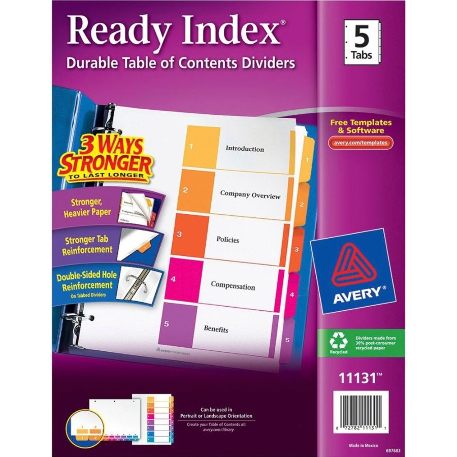 slide 4 of 8, Avery Ready Index 20% Recycled Table Of Contents Dividers, 1-5 Tab, Multicolor, 1 ct