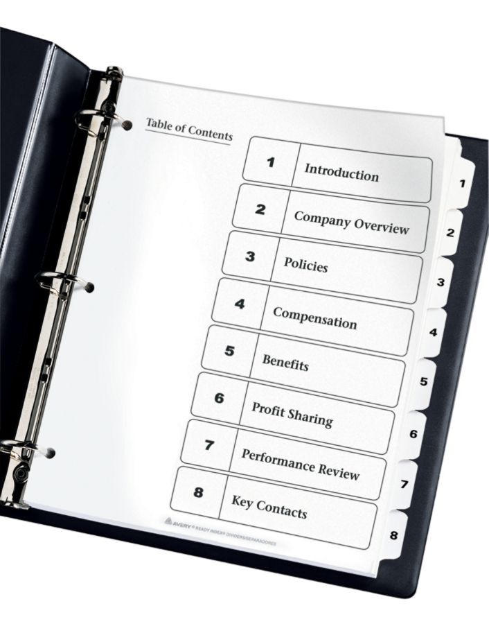 slide 5 of 8, Avery Ready Index 20% Recycled Table Of Contents Dividers, 1-8 Tab, Black/White, 1 ct