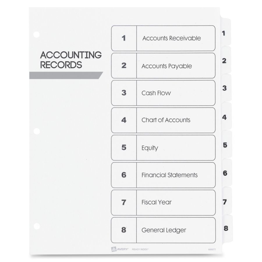 slide 3 of 8, Avery Ready Index 20% Recycled Table Of Contents Dividers, 1-8 Tab, Black/White, 1 ct