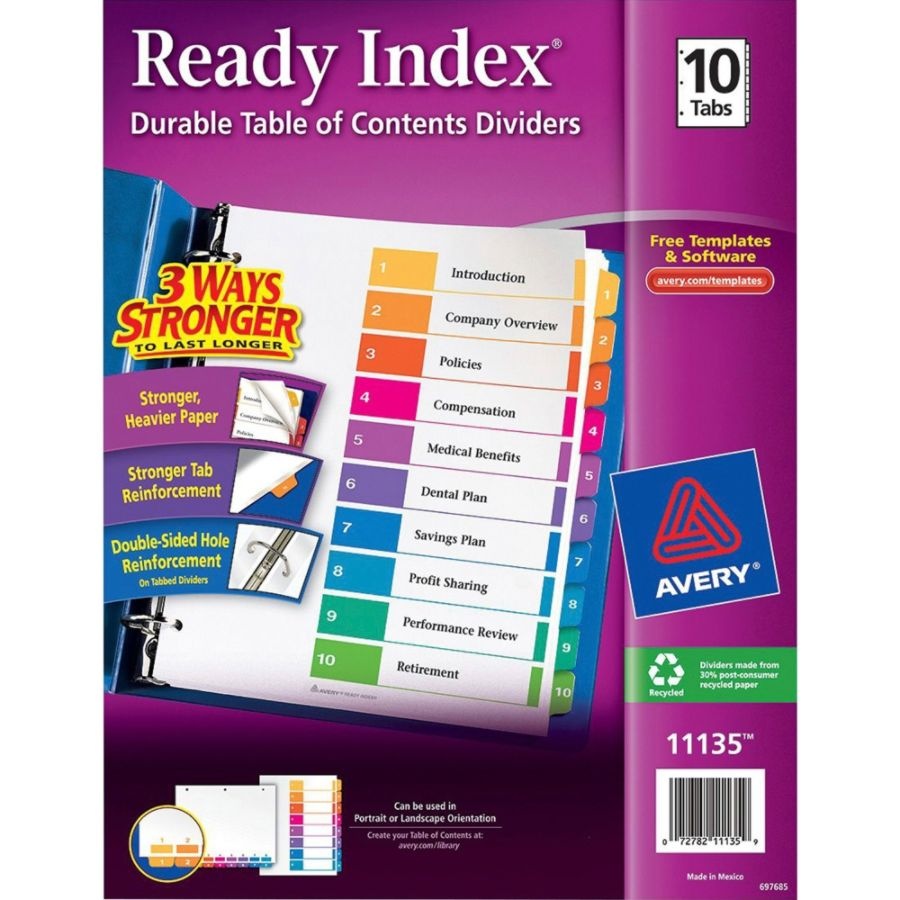 slide 6 of 9, Avery Ready Index 20% Recycled Table Of Contents Dividers, 1-10 Tab - Multicolor, 1 ct