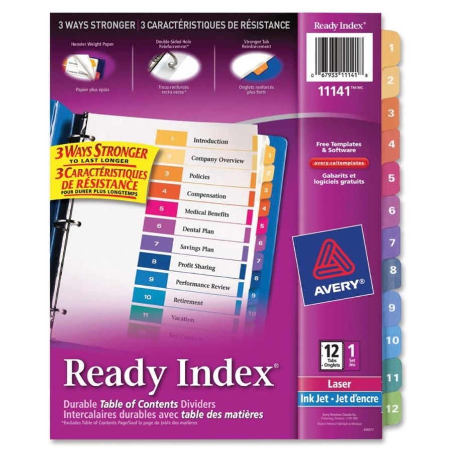 slide 7 of 10, Avery Ready Index 20% Recycled Table Of Contents Dividers, 1-12 Tab, Multicolor, 1 ct