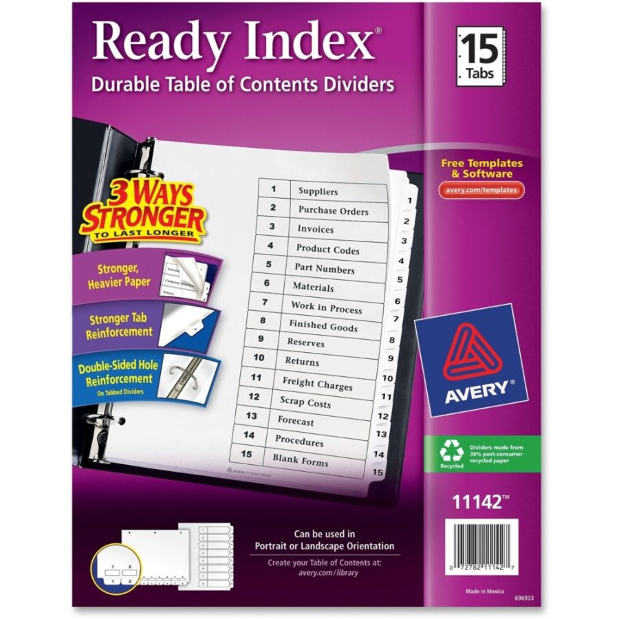 slide 6 of 10, Avery Ready Index 20% Recycled Table Of Contents Dividers, 1-15 Tab, Black/White, 1 ct