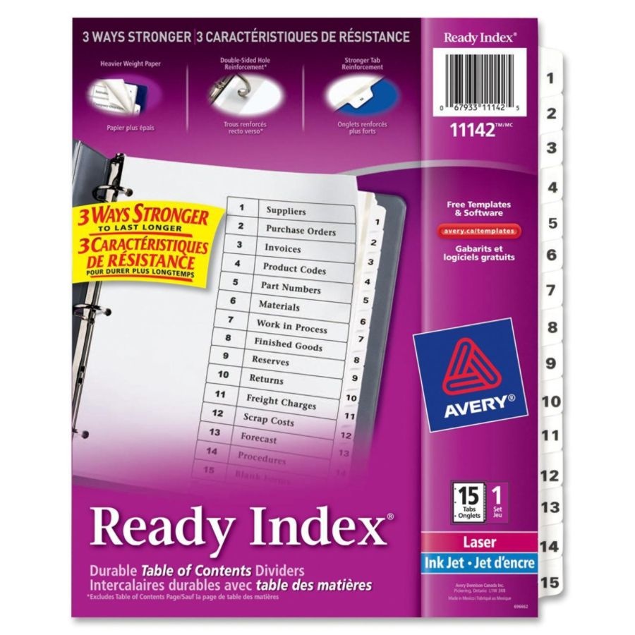 slide 4 of 10, Avery Ready Index 20% Recycled Table Of Contents Dividers, 1-15 Tab, Black/White, 1 ct