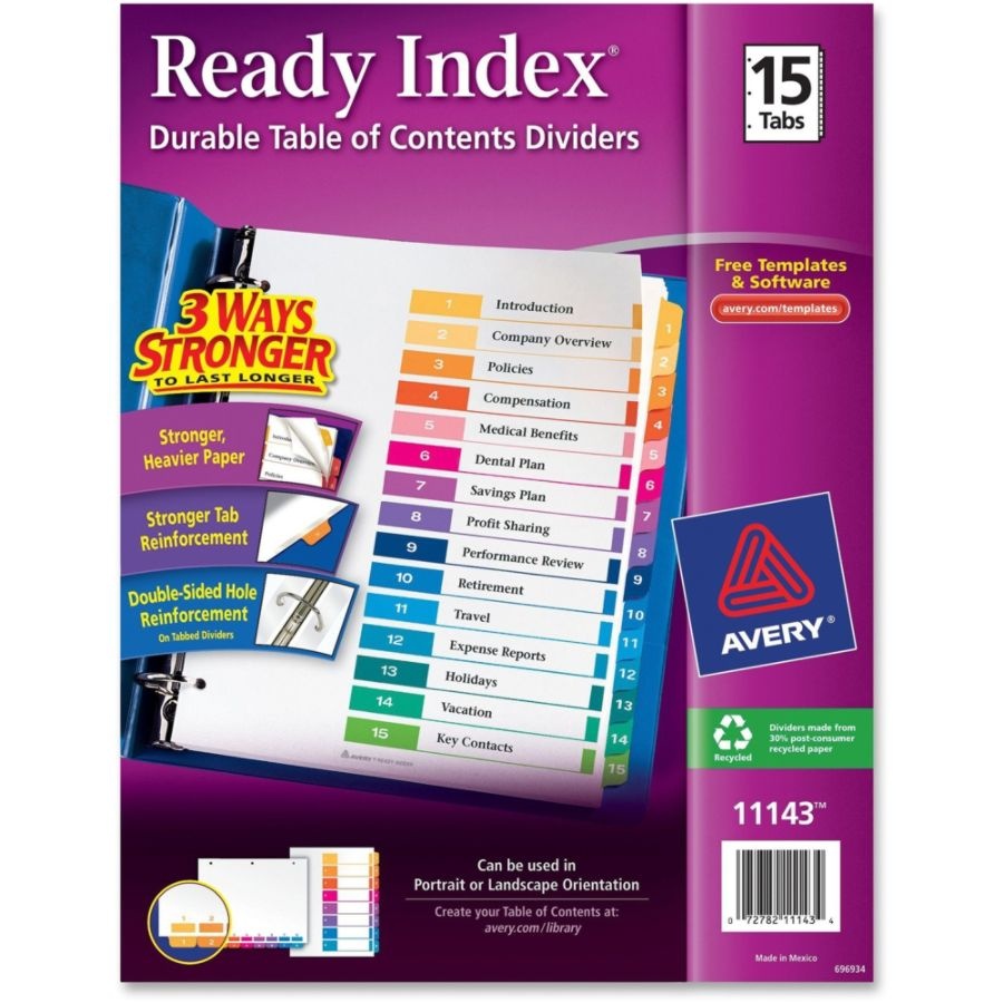 slide 3 of 7, Avery Ready Index 20% Recycled Table Of Contents Dividers, 1-15 Tab, Multicolor, 1 ct