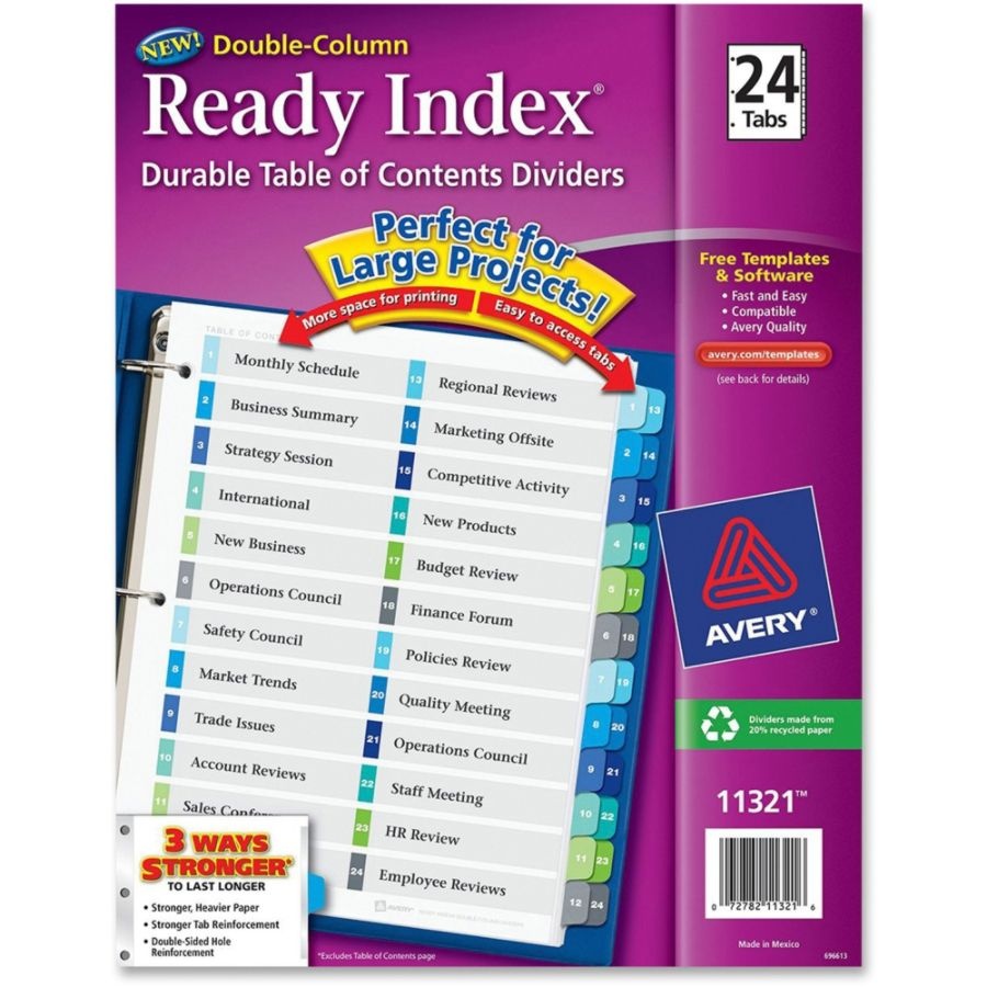 slide 4 of 6, Avery Ready Index 20% Recycled Double-Column Table Of Contents Dividers, 24-Tab, 1 ct