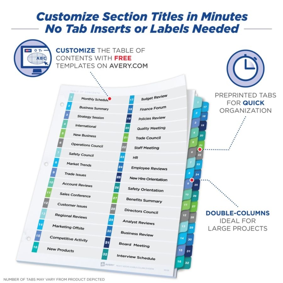 slide 6 of 9, Avery Ready Index 20% Recycled Double-Column Table Of Contents Dividers, 32-Tab, 1 ct