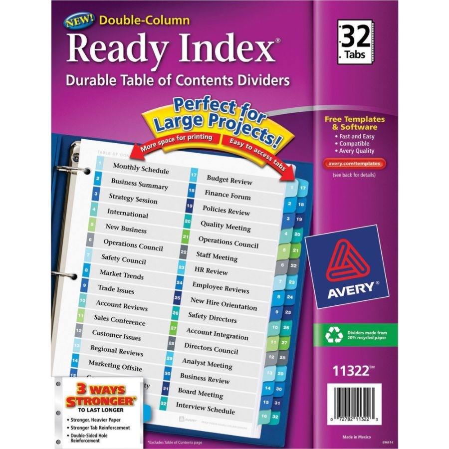 slide 3 of 9, Avery Ready Index 20% Recycled Double-Column Table Of Contents Dividers, 32-Tab, 1 ct