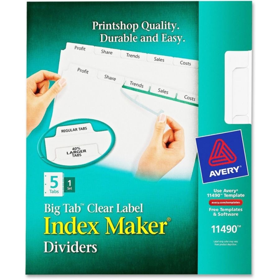 slide 9 of 9, AveryIndex Maker Big Tab Clear Label Dividers, 5-Tab Set, 1 ct