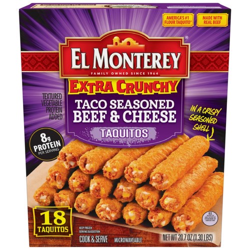 slide 1 of 1, El Monterey® frozen extra crunchy taco seasoned beef & cheese taquitos, 20.7 oz