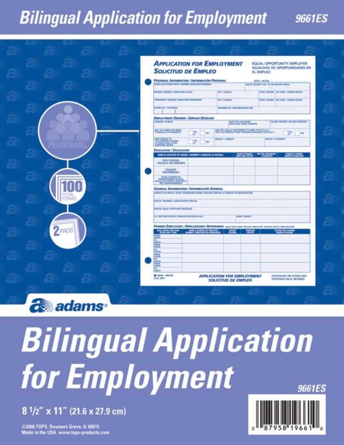 slide 2 of 2, Adams Bilingual Employee Application, English/Spanish, 1 ct