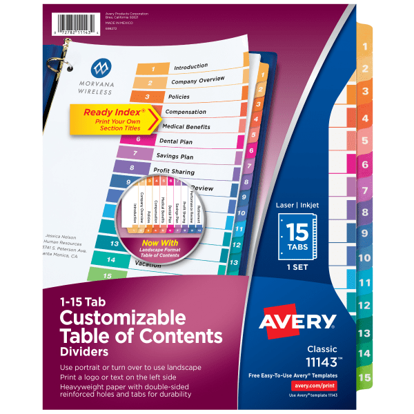 slide 1 of 8, Avery Ready Index 20% Recycled Table Of Contents Dividers, 1-15 Tab, Multicolor, 1 ct