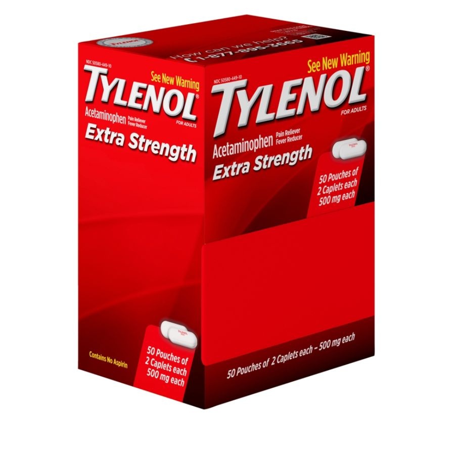 slide 3 of 7, Tylenol Extra Strength Caplets, 2 Caplets Per Packet, 50 ct Packets, 50 ct