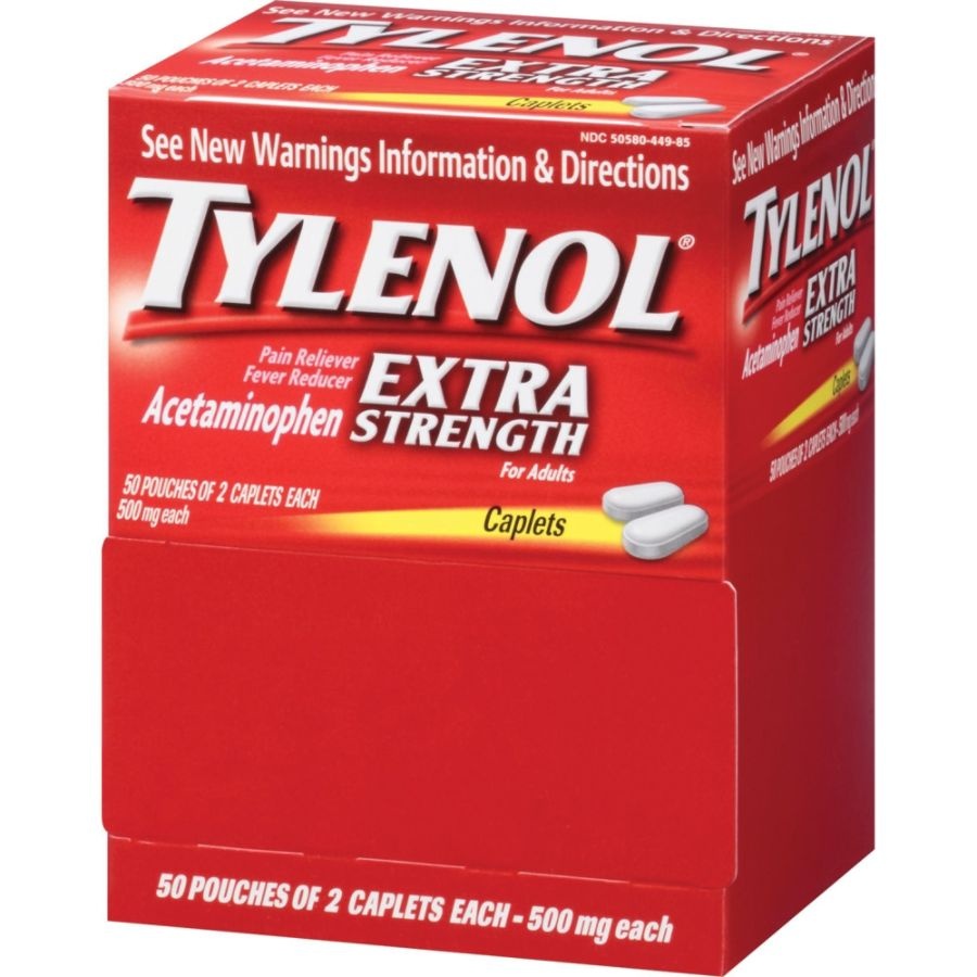 slide 7 of 7, Tylenol Extra Strength Caplets, 2 Caplets Per Packet, 50 ct Packets, 50 ct