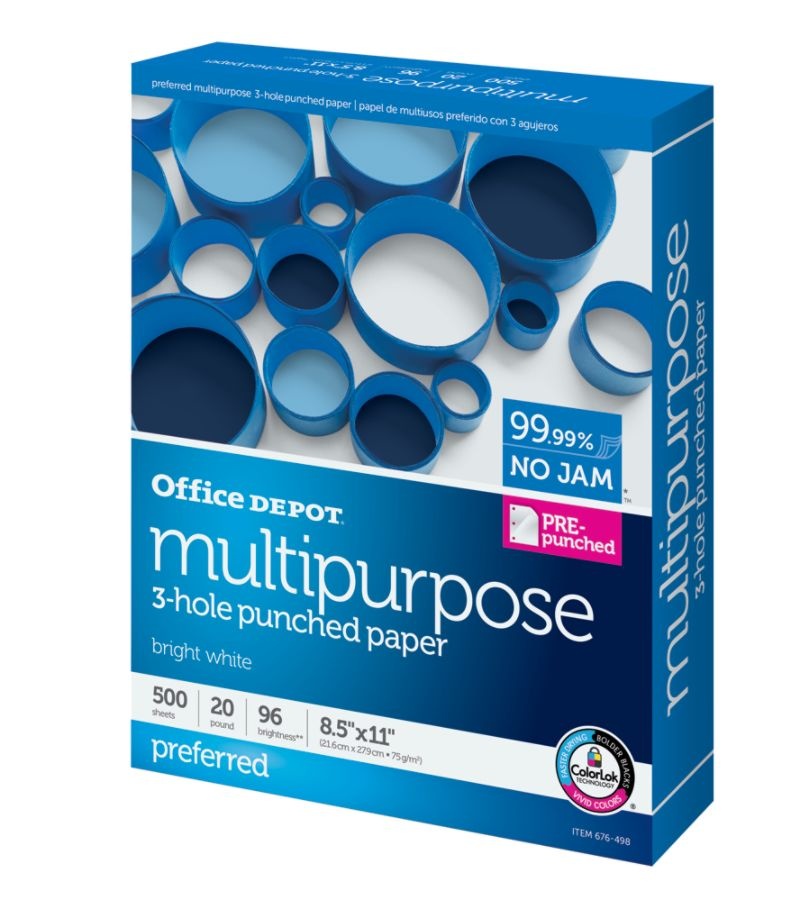 slide 3 of 3, Office Depot Multi-Use Paper, Premium, 3-Hole Punched, Letter Size 96 (U.S.) Brightness, 500 ct; 8 1/2 in x 11 in; 20 lb