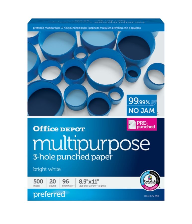 slide 2 of 3, Office Depot Multi-Use Paper, Premium, 3-Hole Punched, Letter Size 96 (U.S.) Brightness, 500 ct; 8 1/2 in x 11 in; 20 lb