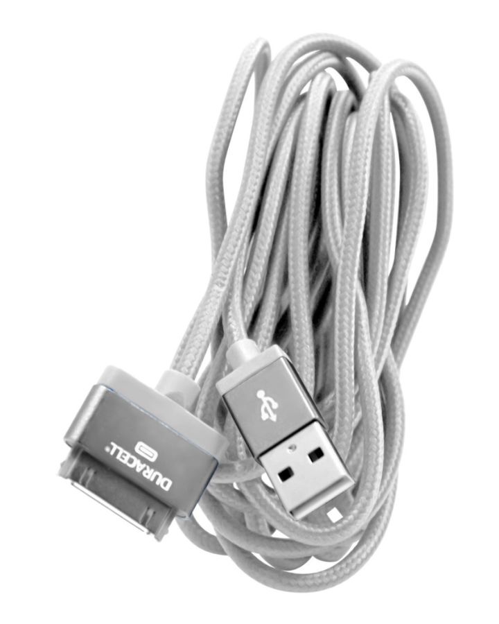 slide 2 of 2, Duracell Sync-And-Charge Fabric Cable, Usb-To-30-Pin, 10', White, Le2185, 1 ct