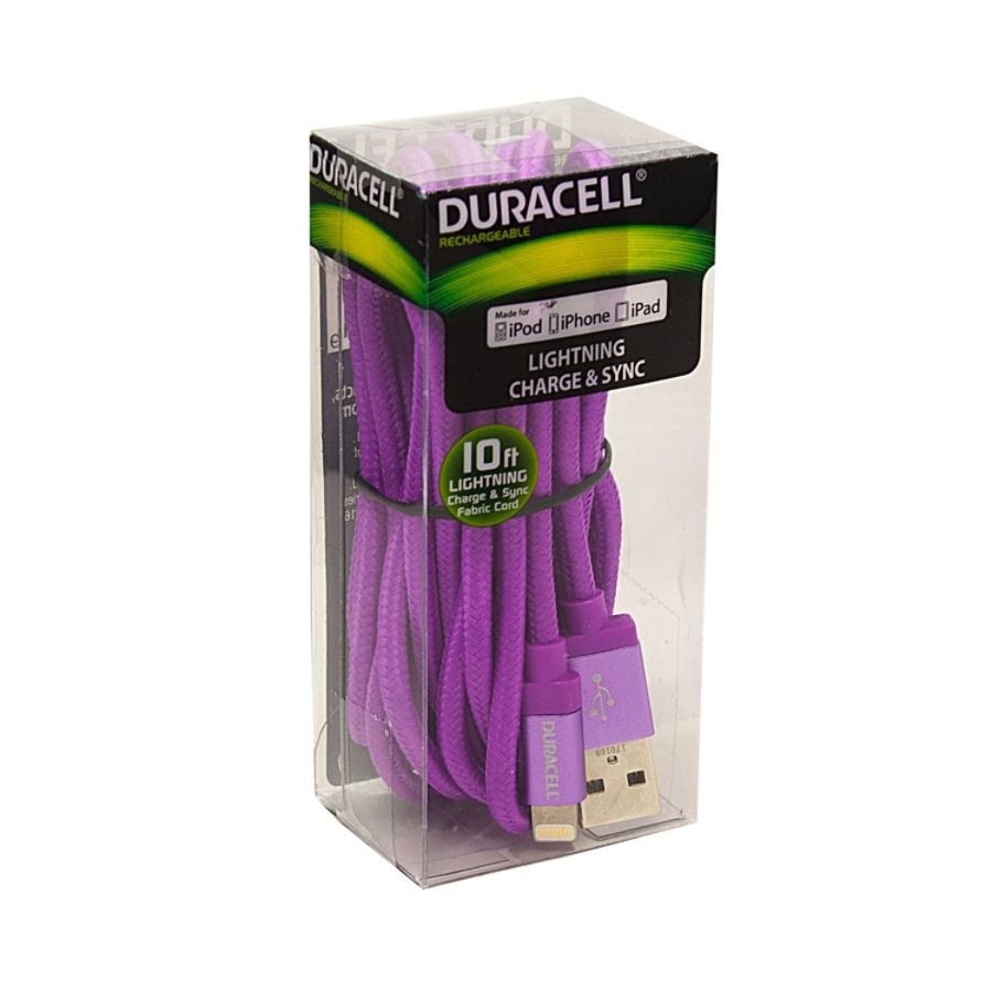 slide 2 of 4, Duracell Fabric Lightning Cable, 10', Purple, Le2237, 1 ct