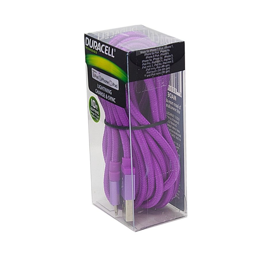 slide 3 of 4, Duracell Fabric Lightning Cable, 10', Purple, Le2237, 1 ct