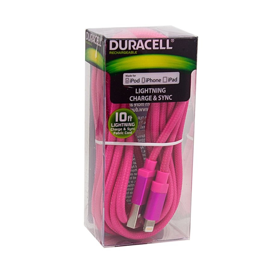 slide 3 of 4, Duracell Fabric Lightning Cable, 10', Pink, Le2238, 1 ct