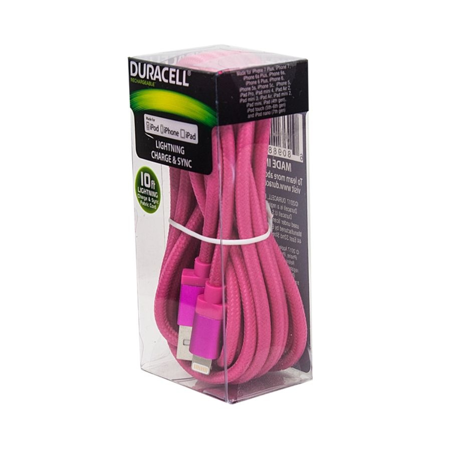 slide 4 of 4, Duracell Fabric Lightning Cable, 10', Pink, Le2238, 1 ct