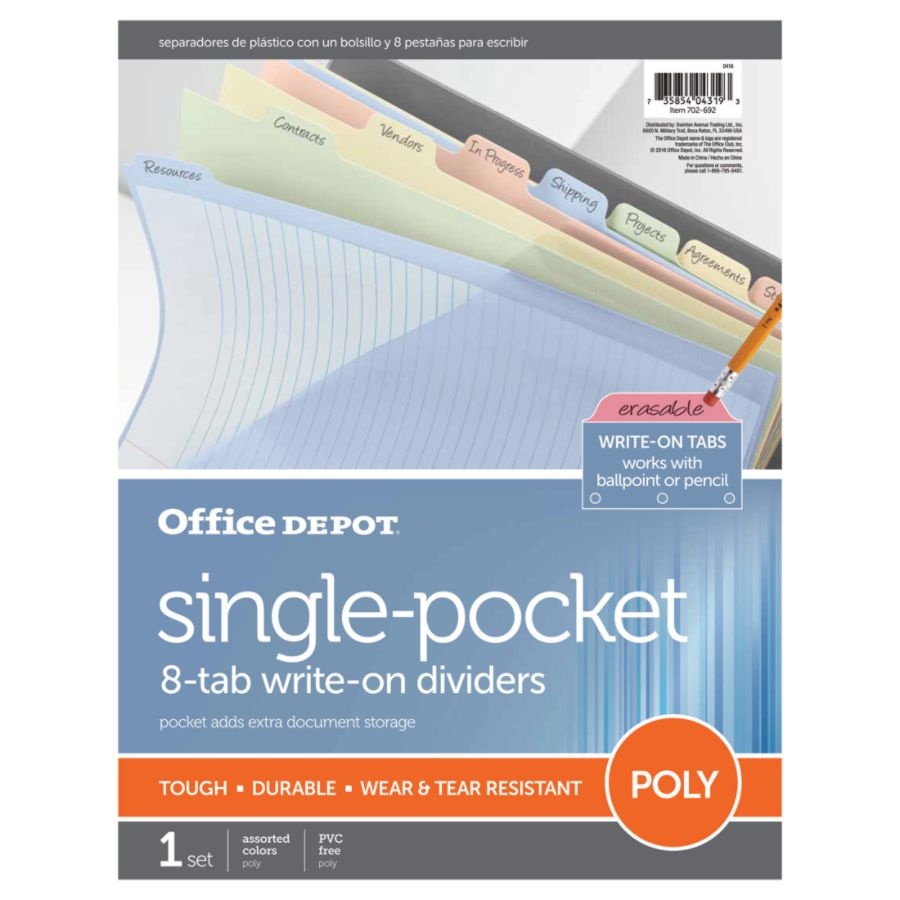 slide 2 of 2, Office Depot Brand Single-Pocket Write-On Dividers, 8 Tab, 8 1/2'' X 11'', Assorted Colors, 1 ct